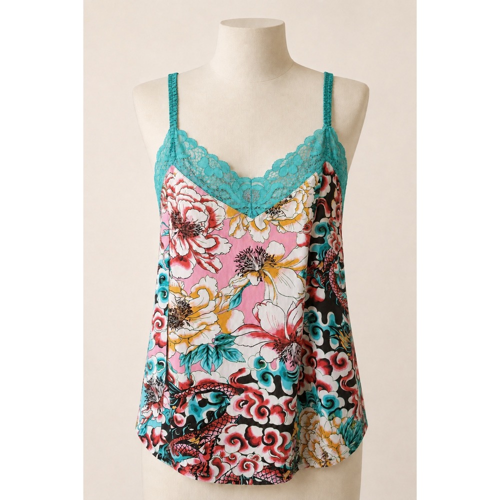 Josie Natori Camisole Top Medium Floral Dragon Print Teal Lace Trim Adjustable
